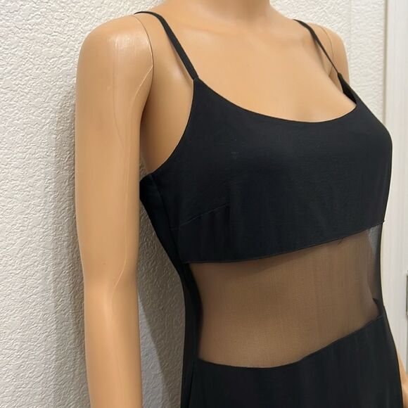 Curves Dress Medium Black Scoop Neck Sheer Waist Spaghetti Strap Slit Back Sexy - Picture 3 of 9